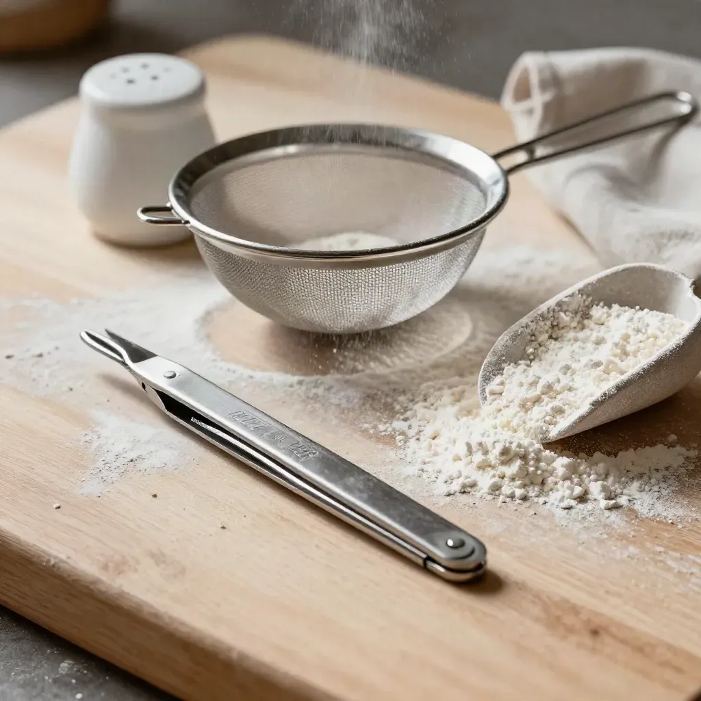 Chef tools on pale wood as flour drifts from a mesh sieve in warm editorial light.