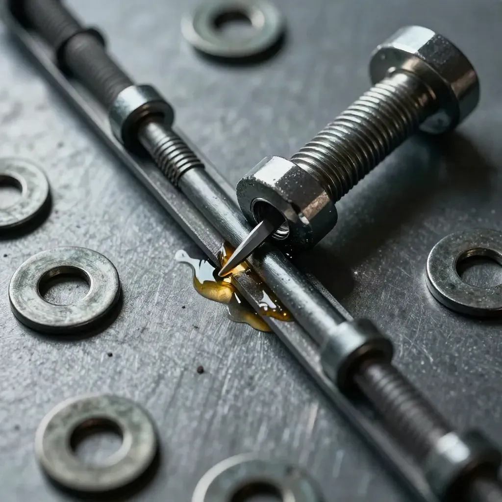 Macro flatlay of rail fastener clips, coupling pin and washers on brushed metal.