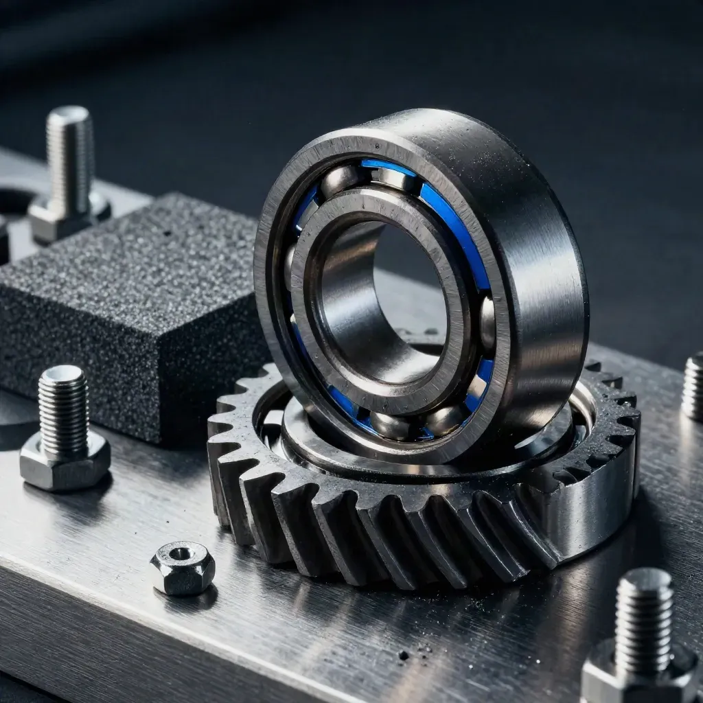 Macro industrial still life of a bearing, gear blank, bolts and spacer on brushed aluminum.