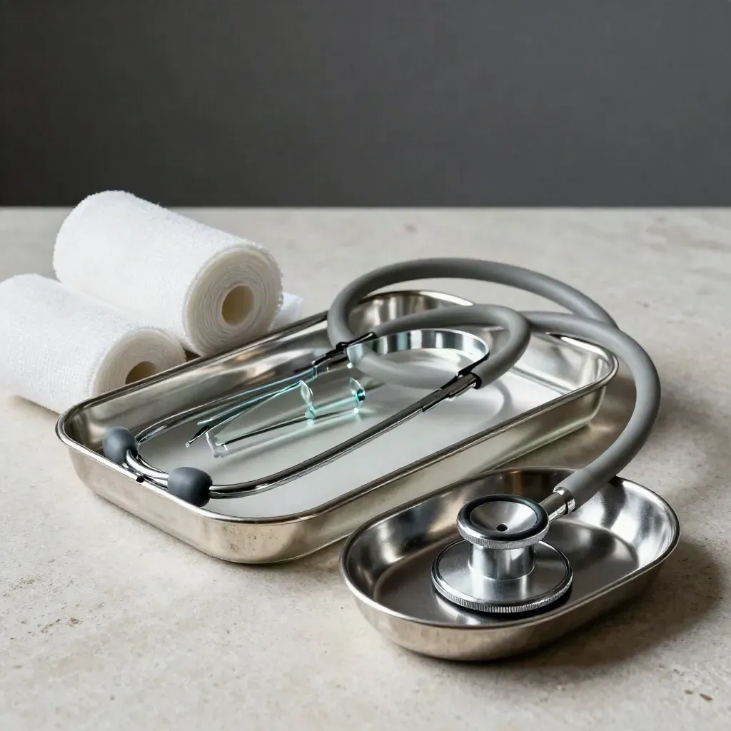 Stethoscope, ampoule tray, gauze rolls and kidney dish on pale stone with cool teal accents.