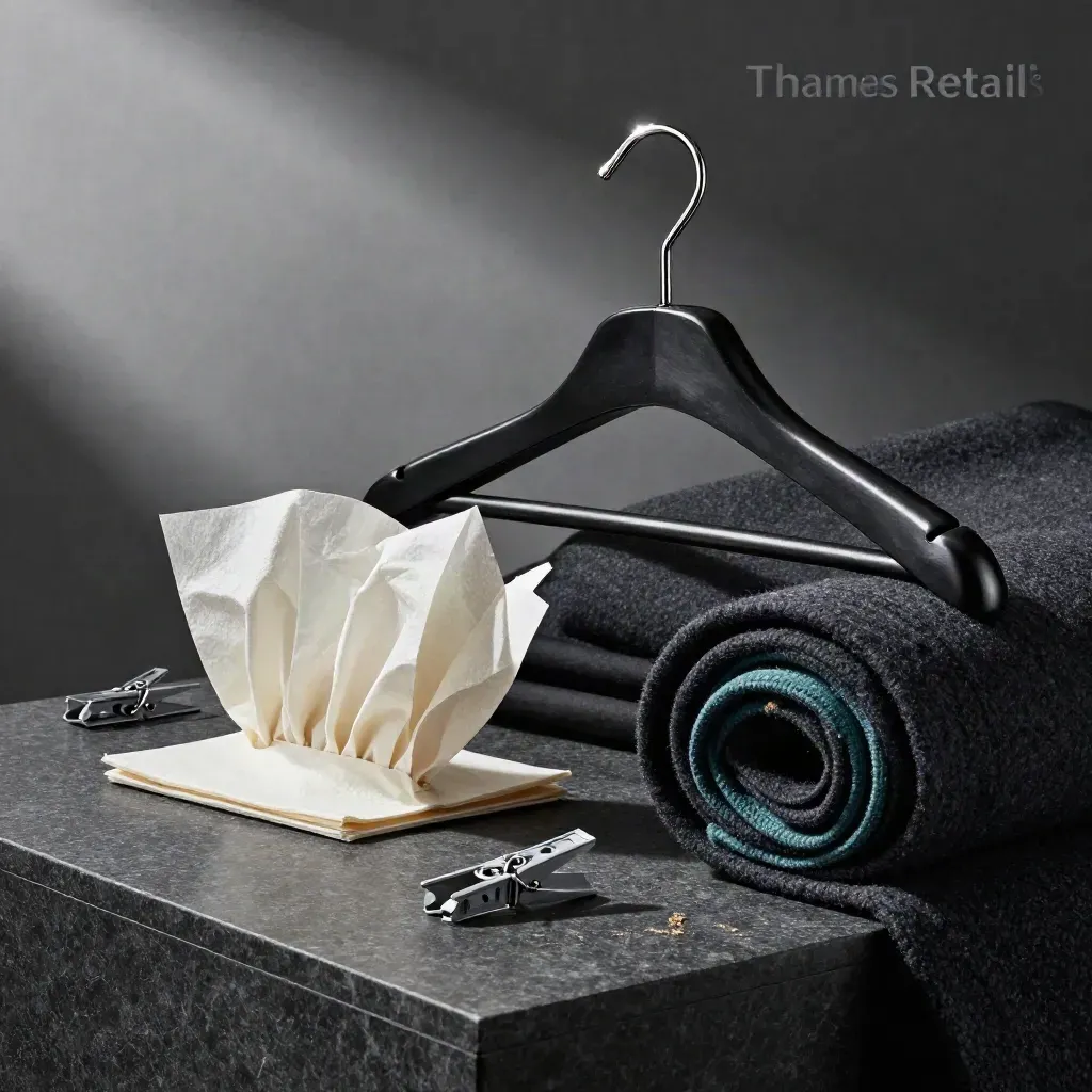 Fabric bolt, hangers, tissue paper and clips on dark limestone with dramatic studio light.