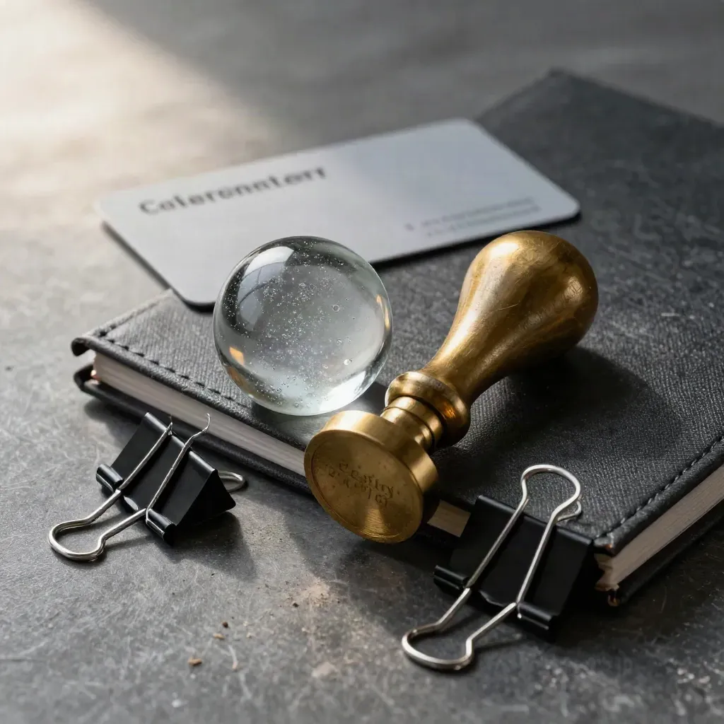 Brass seal stamp, paperweight, binder clips, and closed notebook on brushed graphite