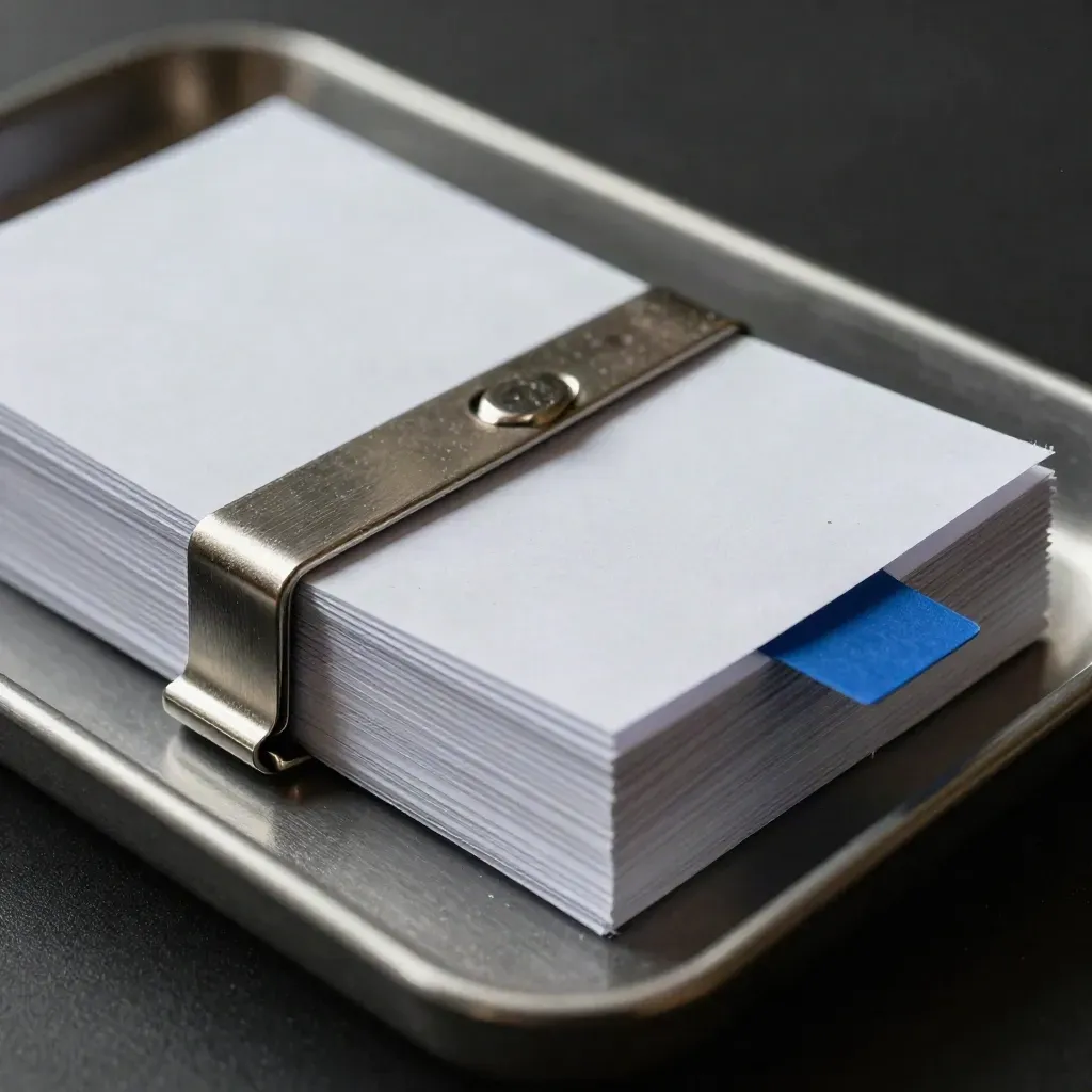 Macro of an inbox tray, clipped index-card stack, and blue divider tabs on charcoal metal.
