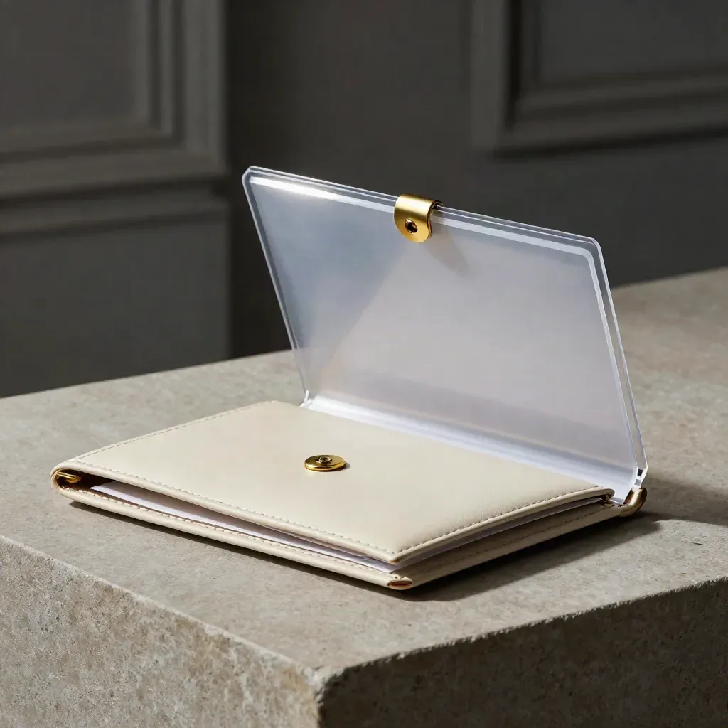 Cream document wallet with clear sleeve and brass fastener on stone, dramatic studio light.