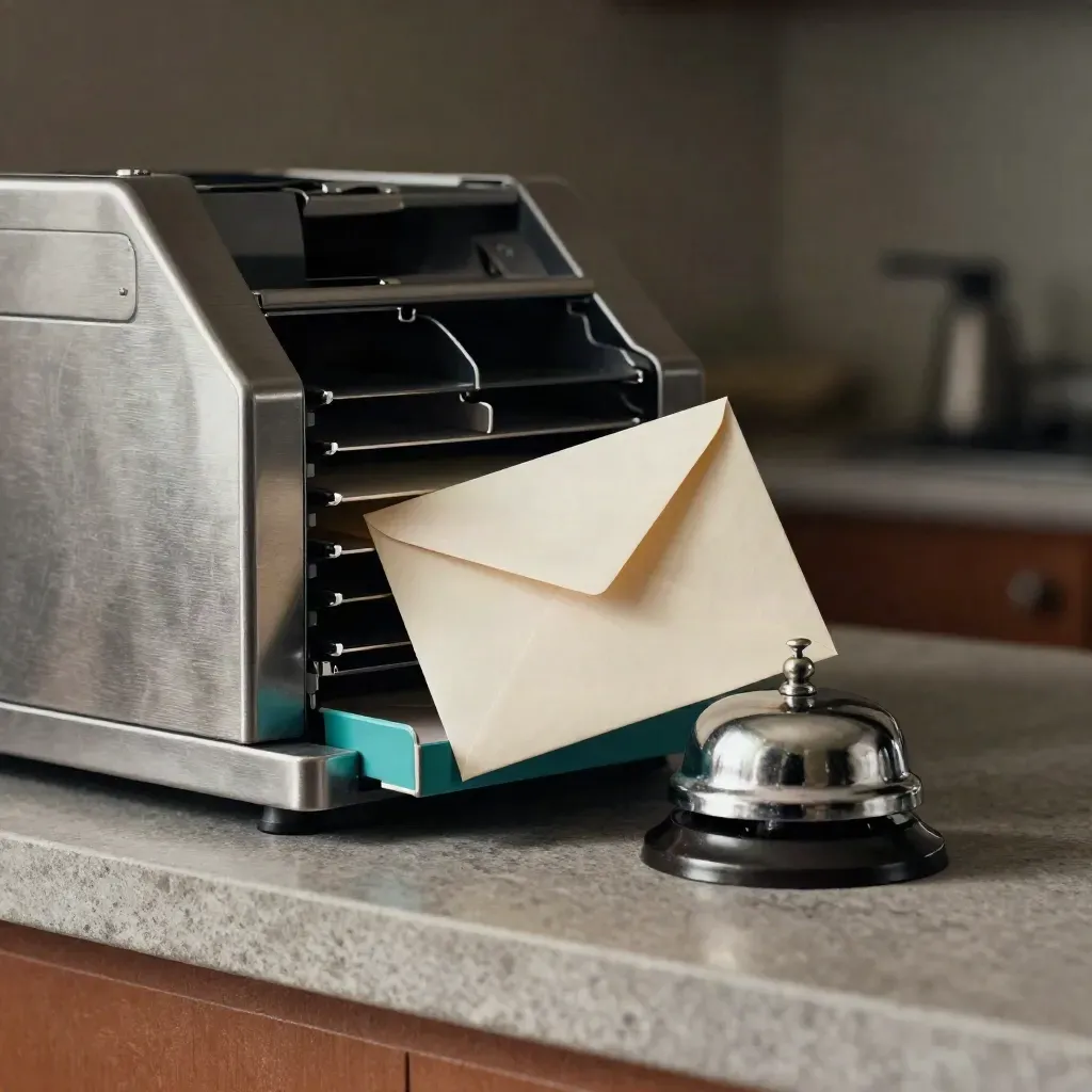 Brushed mail sorter, sealed envelope and desk bell on stone in soft moody light