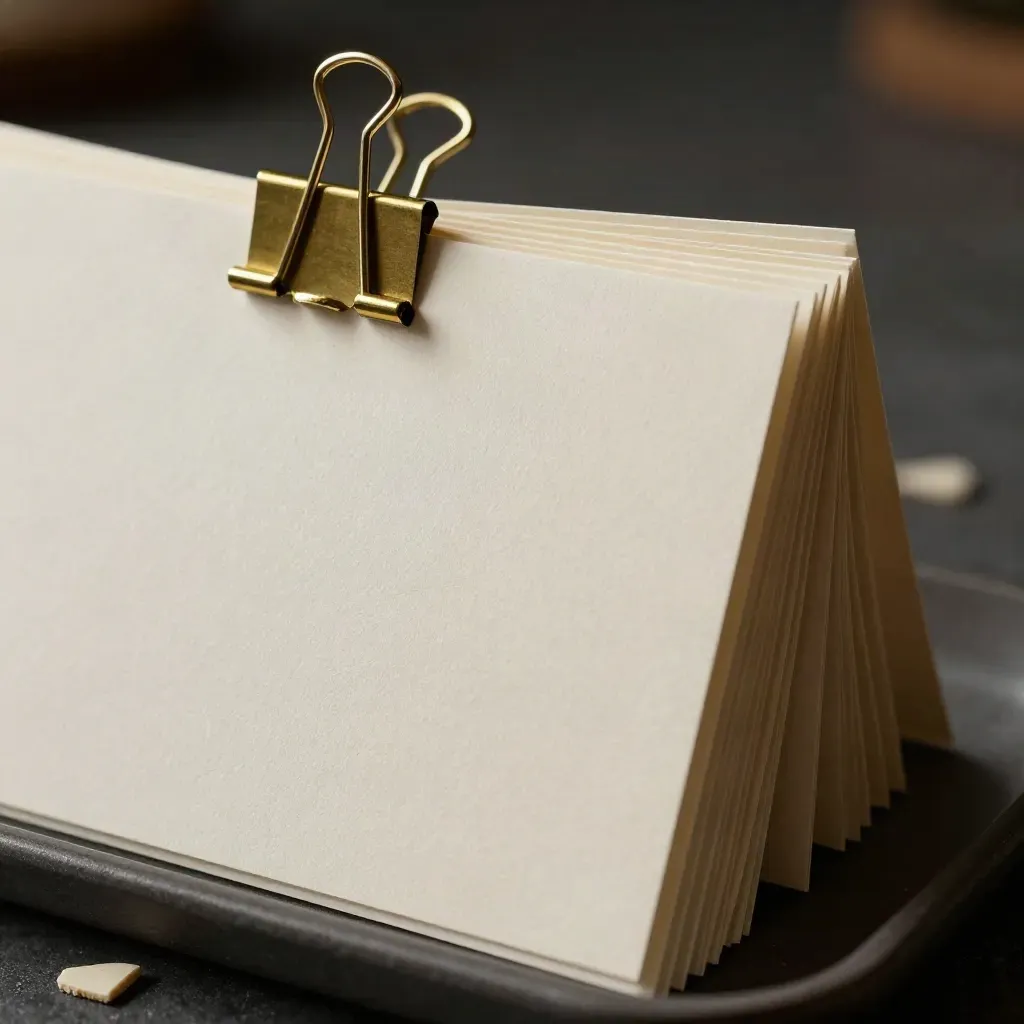 Macro of blank posting cards fanned by a brass binder clip on a dark graphite tray.