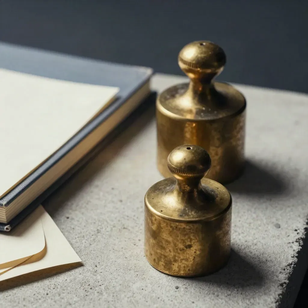 Brass weights, closed notebook and folded card on pale concrete under dramatic studio light