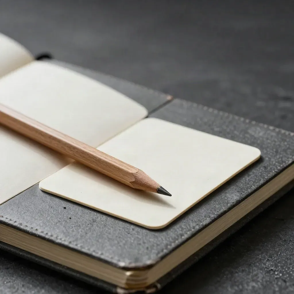 Pencil across open notebook with face-down cue cards on charcoal stone, lit from upper left.