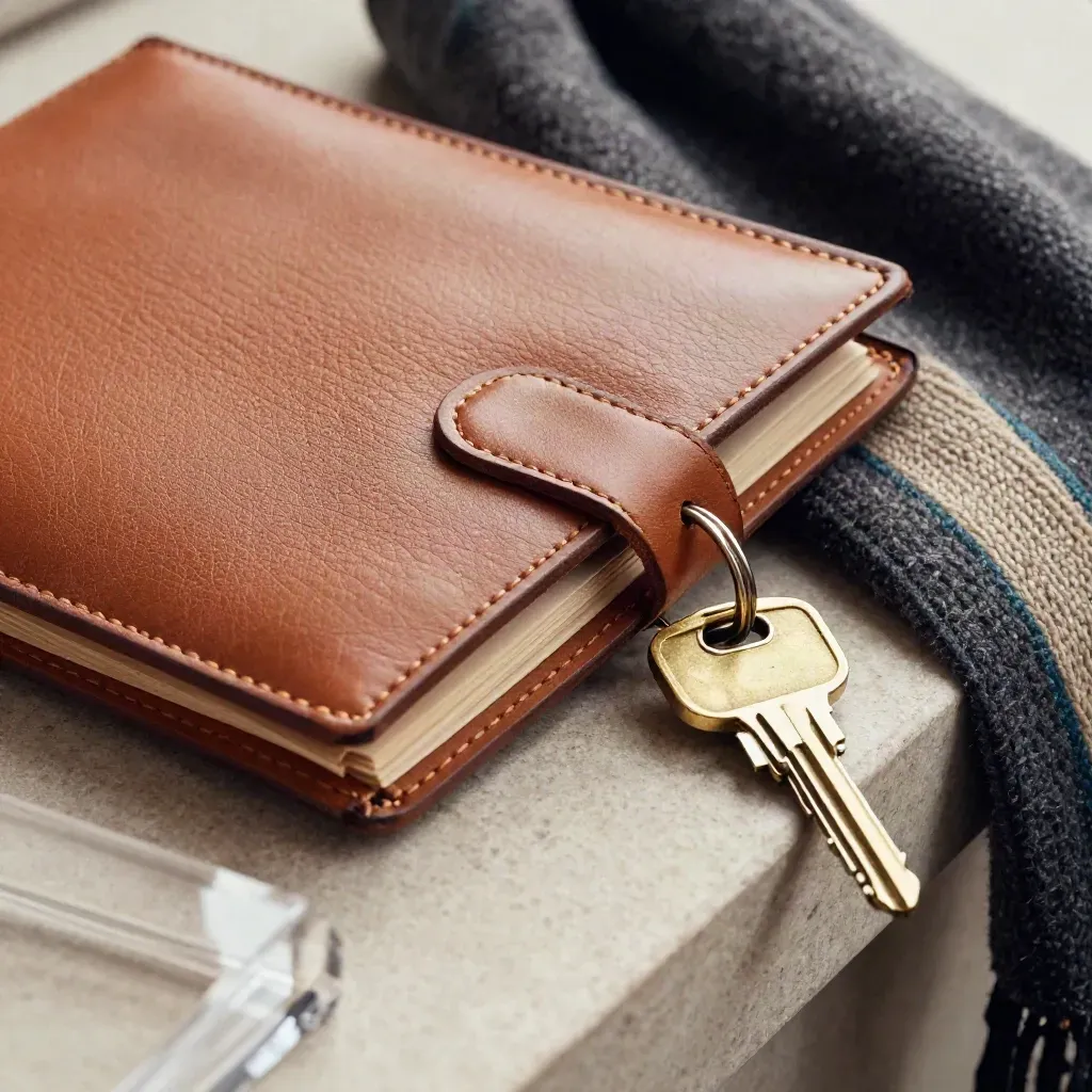 Leather CV folio, scarf, and brass keyring on a stone ledge, seen through blurred acrylic.