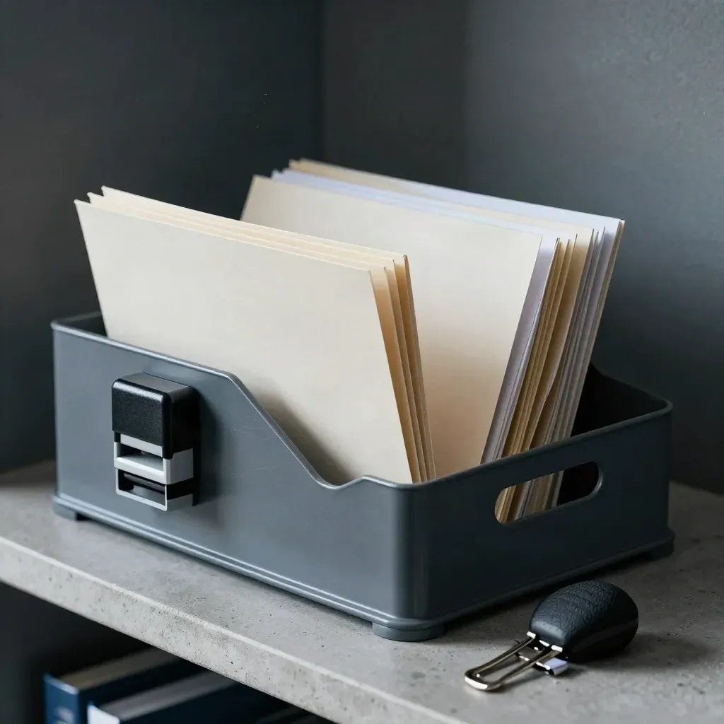 Recruiter file tray with folders, stamp, binder clips and badge reel in dramatic studio light