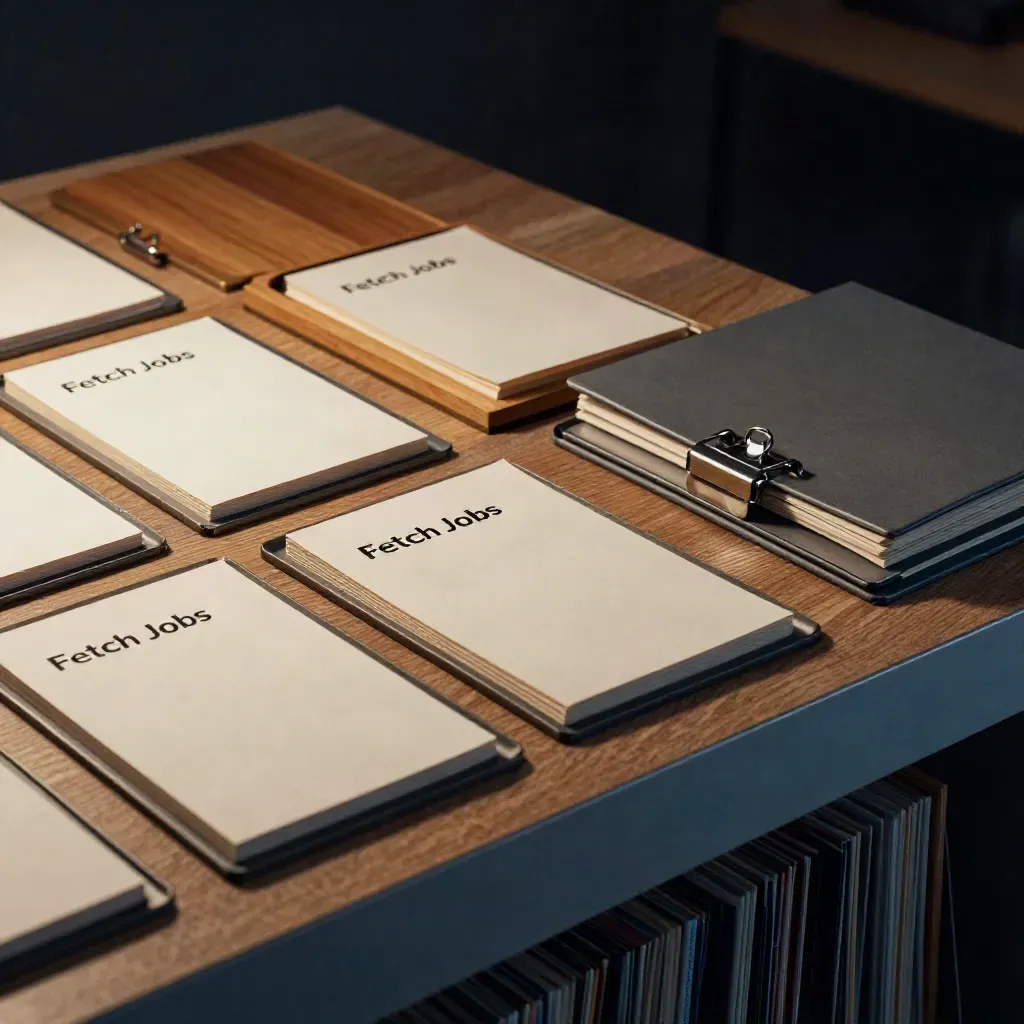 Face-down salary cards, modular trays, and a dossier arranged on oak in moody light.