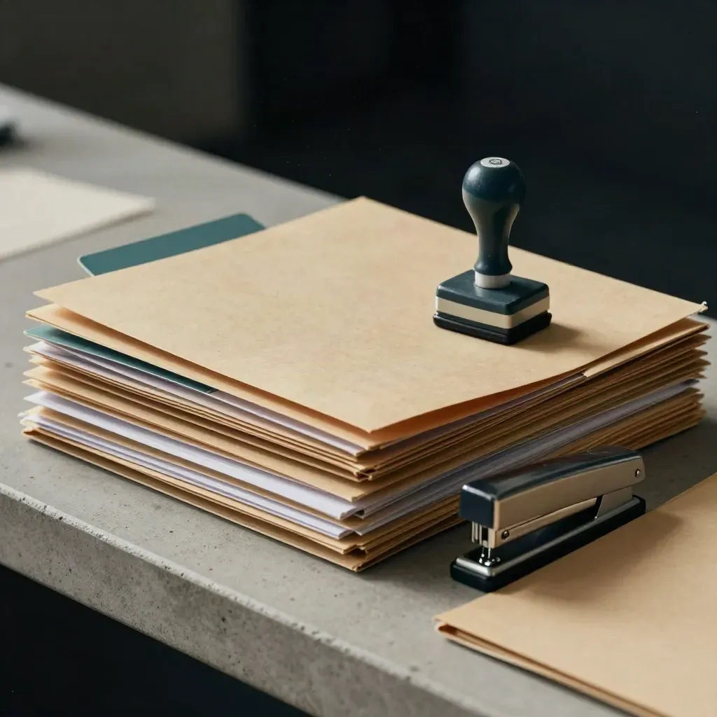Macro side view of candidate folders, stapler and stamp block on a concrete archive ledge.