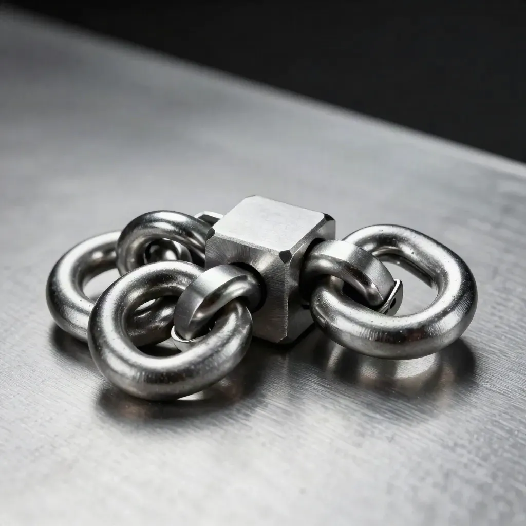 Steel rings and connector blocks interlocked on brushed metal with dramatic studio light.