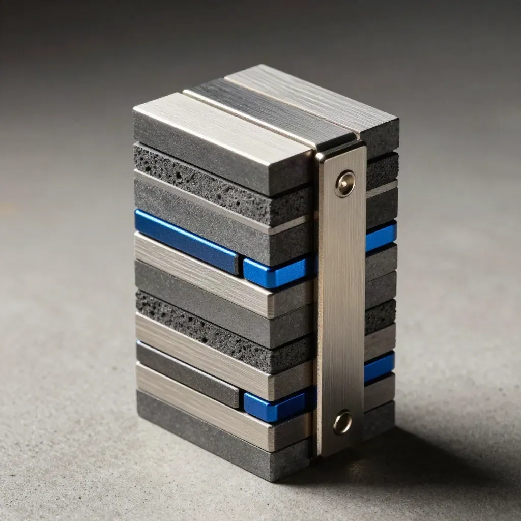 Graphite modular blocks and a folded metal hinge forming a precise tower with a blue accent