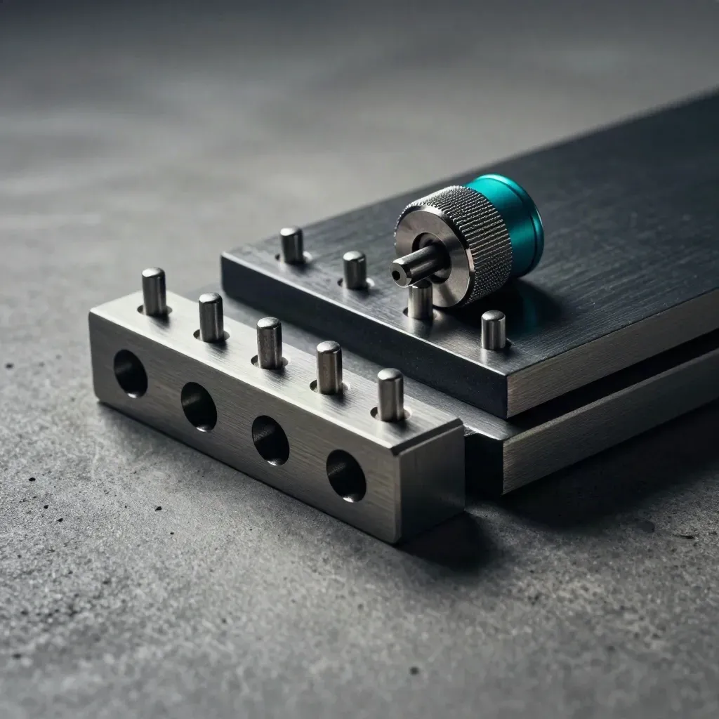 Machined plates, alignment pins and a knurled coupler on concrete in cool teal-tinted light.