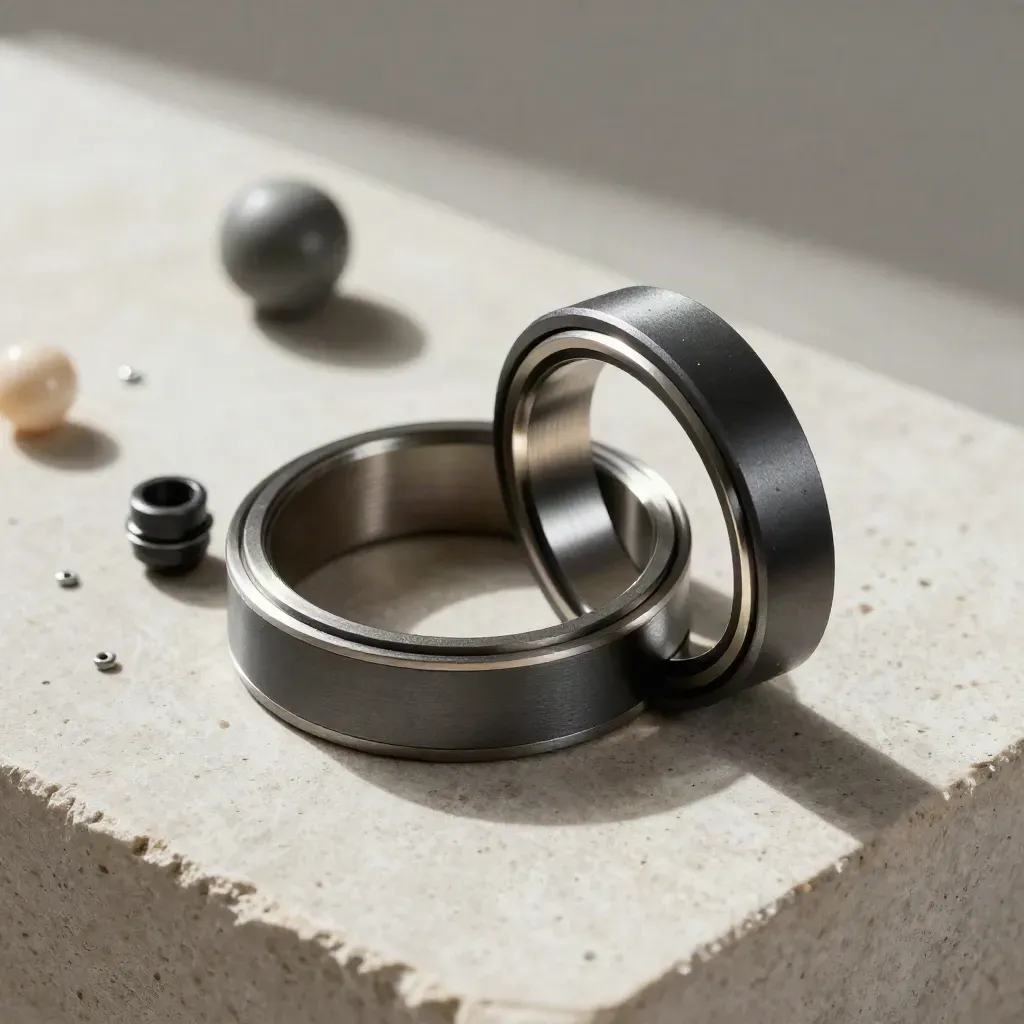 Top-down still life of precision rings and sockets on pale stone, in charcoal and graphite tones.