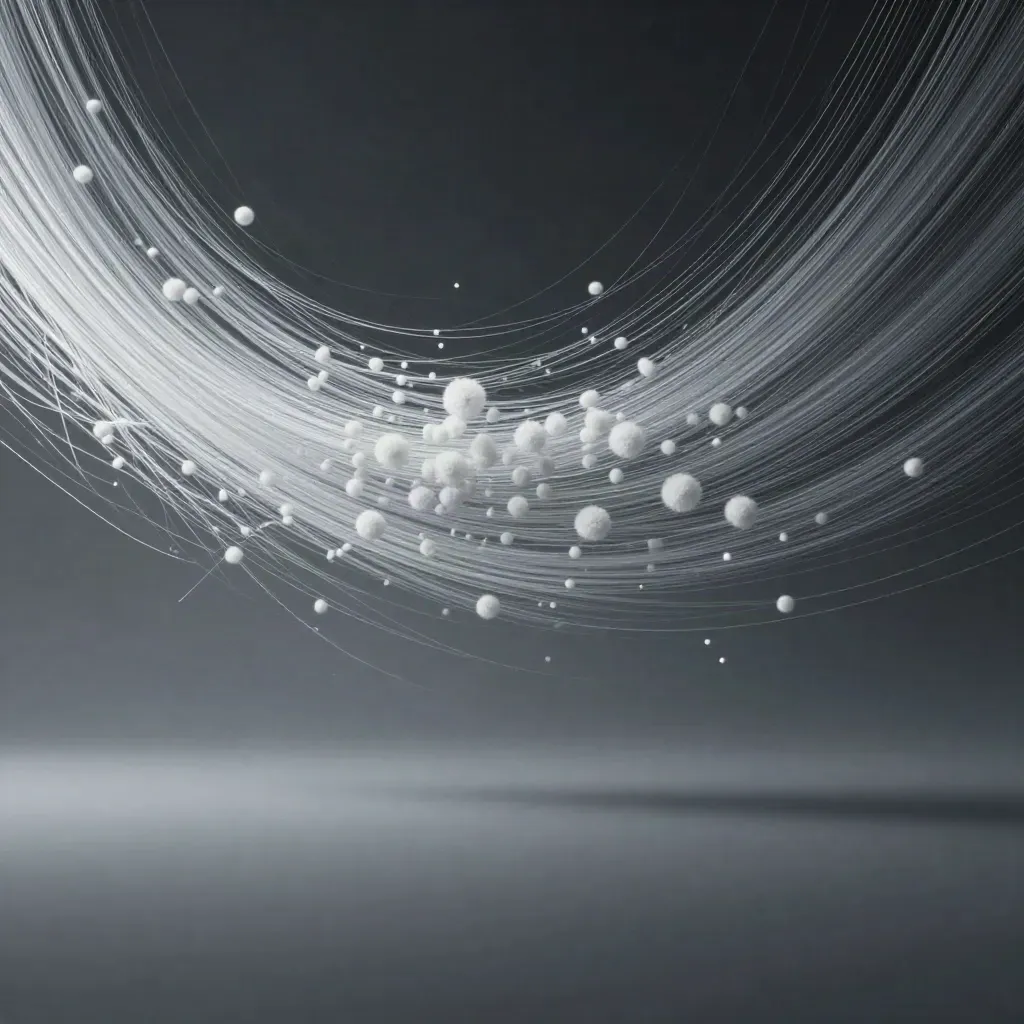 Silver particle filaments bloom in dark graphite space with drifting haze.